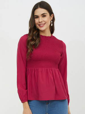 HARPA Casual 3/4 Sleeve Solid Women Maroon Top