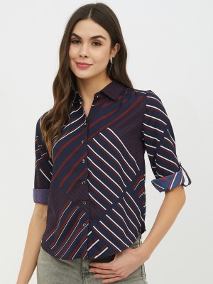 HARPA Casual Half Sleeve Striped Women Dark Blue Top