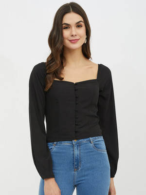 HARPA Casual Full Sleeve Solid Women Black Top