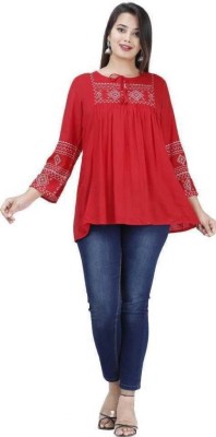 molisha Casual 3/4 Sleeve Embroidered Women Red Top