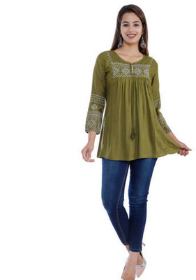 molisha Casual 3/4 Sleeve Embroidered Women Light Green Top