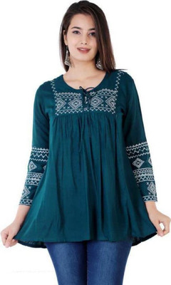 molisha Casual 3/4 Sleeve Embroidered Women Blue Top
