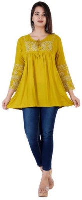 molisha Casual 3/4 Sleeve Embroidered Women Yellow Top