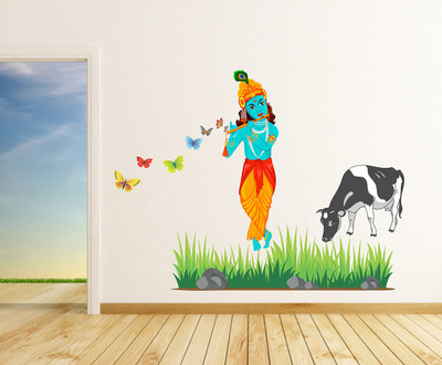 Wallzone 431.8 cm Flute Krishna Removable Sticker(Pack of 1)