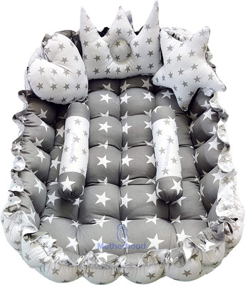 Motherhood Cotton Baby Bed Sized Bedding Set(Grey, Rectangle Baby Bedding Tub with 2 side supoorts baby Pillow and 1 Heart Shpe Baby Pillow 1 star and 1 Crown Pillow)