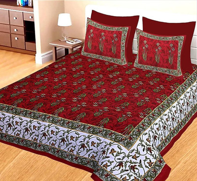 E-Wish Box 200 TC Cotton Double Jaipuri Prints Flat Bedsheet(Pack of 1, Red, White)