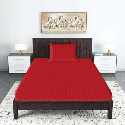 Kawi 200 TC Satin Single Striped Fitted (Elastic) Bedsheet(Pack of 1, Red)