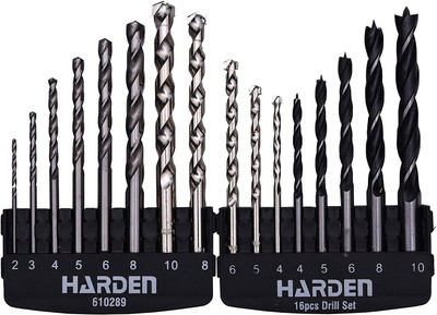 Harden 16Pcs Drill Set Contains 6Pcs Metal, 5Pcs Concrete and 5Pcs Wood Drill Bits. Made from CRV Steel, High Hardness and Sharpness with Cutting & Polishing, Round Shank - 610289
