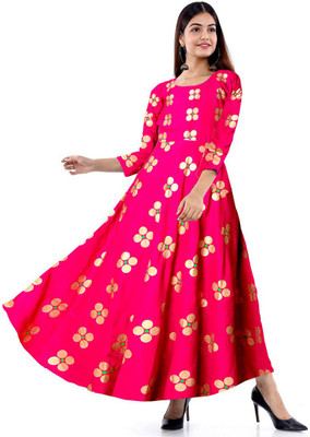 zalya Women Gown Pink, Gold Maxi/Full Length Dress