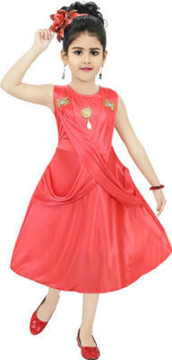 Chandrika Girls Midi/Knee Length Casual Dress(Red, Sleeveless)