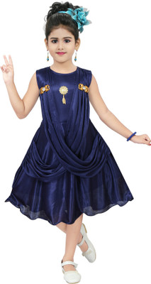 Chandrika Girls Midi/Knee Length Casual Dress(Dark Blue, Sleeveless)