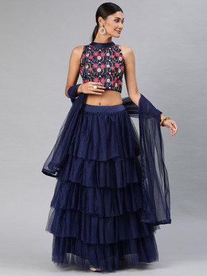 Divastri Solid Semi Stitched Lehenga Choli(Dark Blue)