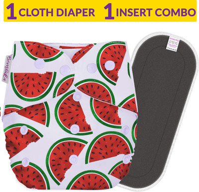 Bembika B Plus Printed Cloth Diapers for Babies, Washable Reusable, Adjustable Sizes with 5 Layer Bamboo Charcoal Insert (Watermelon Doodle)