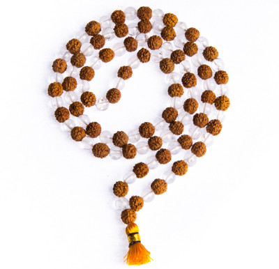 HULARA 7-8mm Beads Crystal Transparent Sphatik & Natural Panchmukhi Rudraksha Jaap Mala Wood Chain