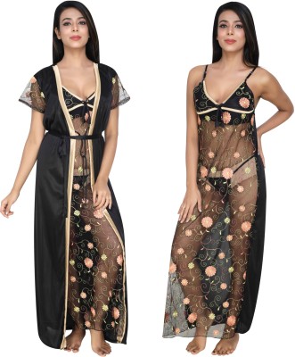 Fetify Women Nighty with Robe(Black, Gold)