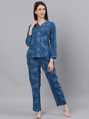 Jaipur Kurti Women Printed Blue Shirt & Pyjama set