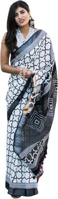 SHIVANYA HANDICRAFTS Printed Bollywood Cotton Linen Saree(White)