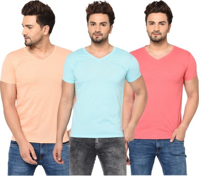 Bribzy Solid Men V Neck Light Blue, Pink, Beige T-Shirt