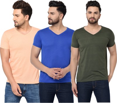Bribzy Solid Men V Neck Green, Blue, Beige T-Shirt