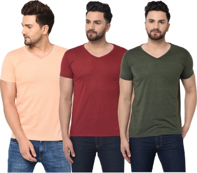 Jaskart Solid Men V Neck Dark Green, Maroon, Orange T-Shirt