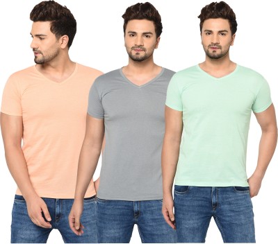 Jaskart Solid Men V Neck Grey, Beige, Light Green T-Shirt