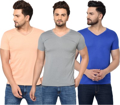 Bribzy Solid Men V Neck Black, Orange, Grey T-Shirt