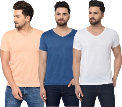 Tivy Solid Men V Neck Dark Blue, White, Orange T-Shirt