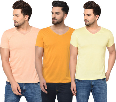 Adorbs Solid Men V Neck Beige, Yellow T-Shirt