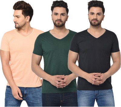 Bribzy Solid Men V Neck Dark Green, Black, Orange T-Shirt