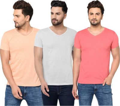 Adorbs Solid Men V Neck Pink, Orange, Grey T-Shirt