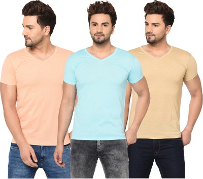 Jaskart Solid Men V Neck Light Blue, Orange, Beige T-Shirt
