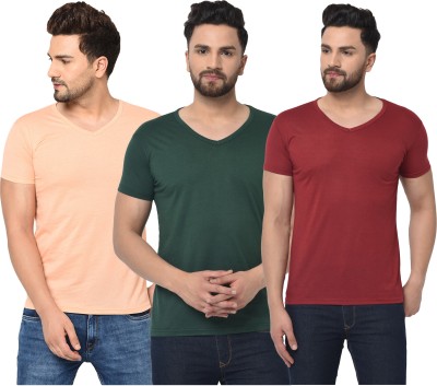 Adorbs Solid Men V Neck Dark Green, Maroon, Orange T-Shirt