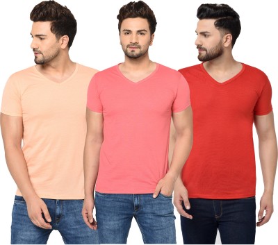 Adorbs Solid Men V Neck Red, Pink, Beige T-Shirt