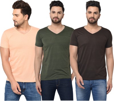 Jaskart Solid Men V Neck Dark Green, Brown, Pink T-Shirt