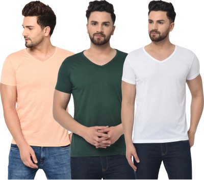 Bribzy Solid Men V Neck Dark Green, White, Orange T-Shirt