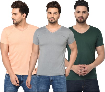 Bribzy Solid Men V Neck Green, Grey, Beige T-Shirt