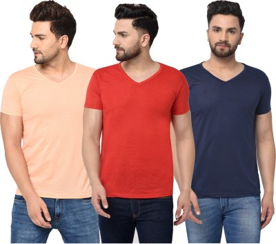 Jaskart Solid Men V Neck Dark Blue, Red, Orange T-Shirt