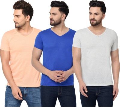 Bribzy Solid Men V Neck White, Blue, Pink T-Shirt