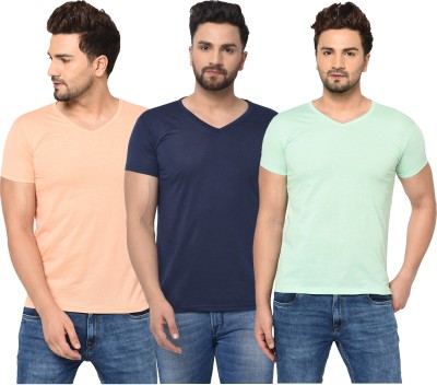 Jaskart Solid Men V Neck Dark Blue, Orange, Light Green T-Shirt