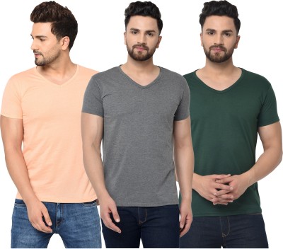 Jaskart Solid Men V Neck Dark Green, Orange, Grey T-Shirt