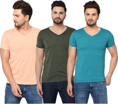 Jaskart Solid Men V Neck Dark Green, Light Blue, Beige T-Shirt