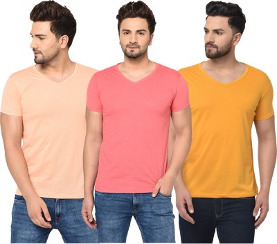 Bribzy Solid Men V Neck Pink, Beige, Yellow T-Shirt