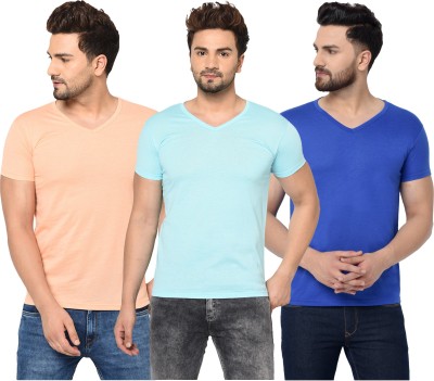 Jaskart Solid Men V Neck Light Blue, Blue, Pink T-Shirt