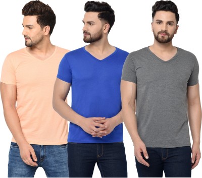 Adorbs Solid Men V Neck Blue, Beige, Grey T-Shirt