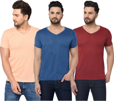 Bribzy Solid Men V Neck Dark Blue, Maroon, Orange T-Shirt