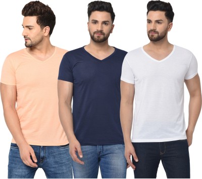 Jaskart Solid Men V Neck Dark Blue, White, Orange T-Shirt