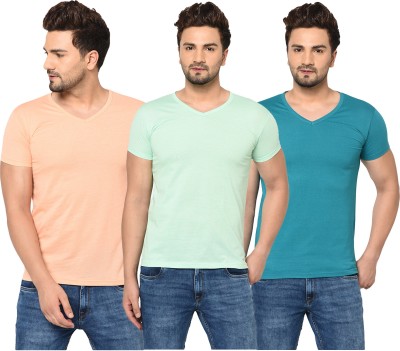 Jaskart Solid Men V Neck Light Blue, Orange, Light Green T-Shirt