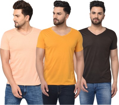 Jaskart Solid Men V Neck Black, Beige, Yellow T-Shirt