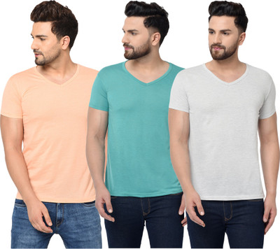 Adorbs Solid Men V Neck Light Blue, White, Orange T-Shirt