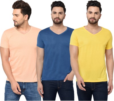 Adorbs Solid Men V Neck Dark Blue, Orange, Yellow T-Shirt